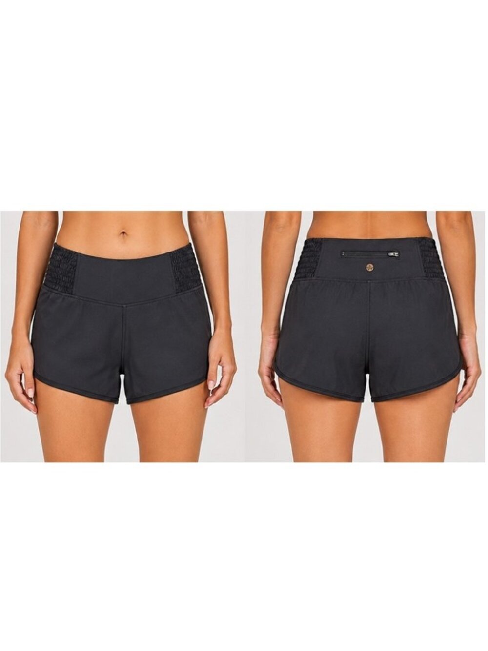 prAna Athletic Running Yoga Shorts Women's Sz S Black Smocked Waist Zip Pocket